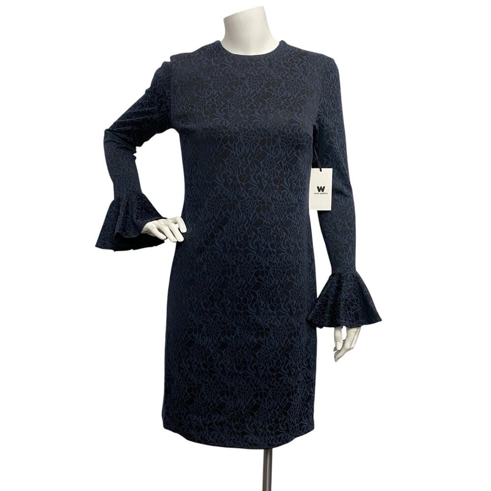 W By Worth Jacquard Dress Women 0 Bell Sleeve Floral Evening Career Classic Navy